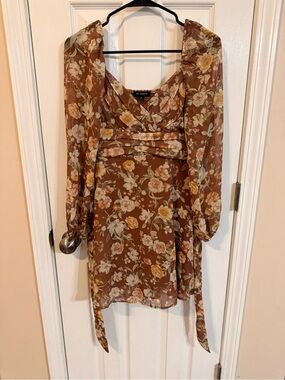 Blu Pepper Floral Brown Long-Sleeve Smocked Women's Dress